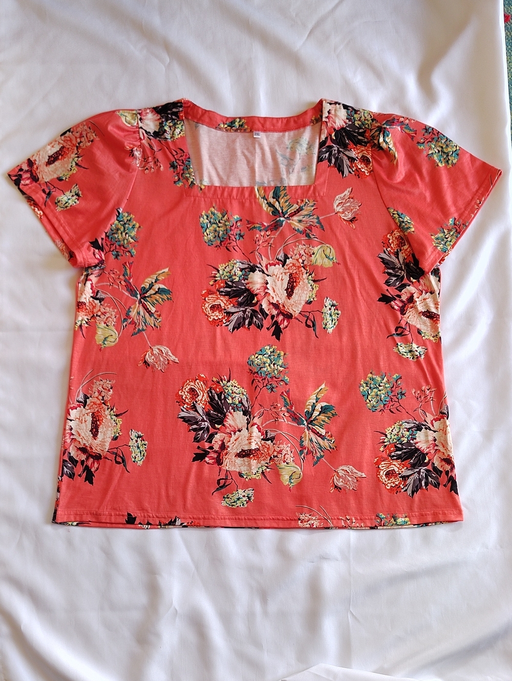 Women's Blouse Size 2XL Orange Floral Pattern Square Neck Shortsleeves Tunic